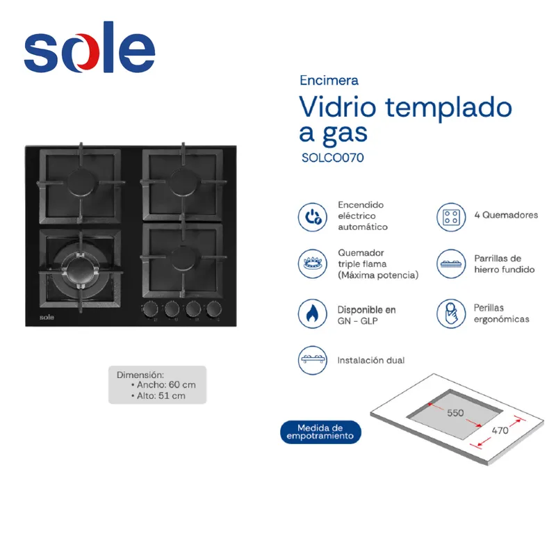 SOLE - Encimera Vidrio Templado Sole A Gas 60cm - SOLCO070