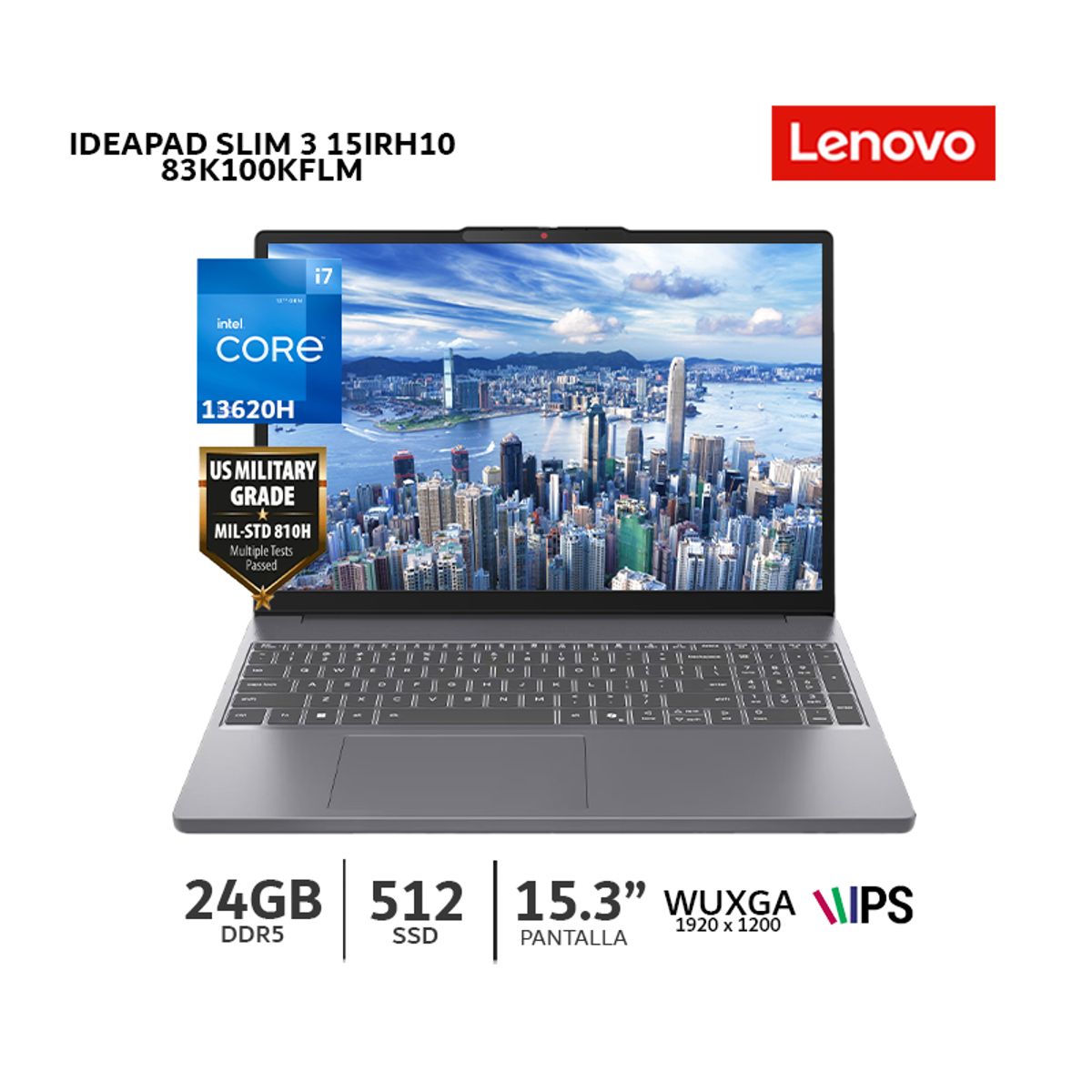 LENOVO - Laptop Lenovo IdeaPad Slim 3 15IRH10 Intel C i7-13620H, 24Gb Ram, 512Gb SSD, 15.3" WUXGA-83K100KFLM