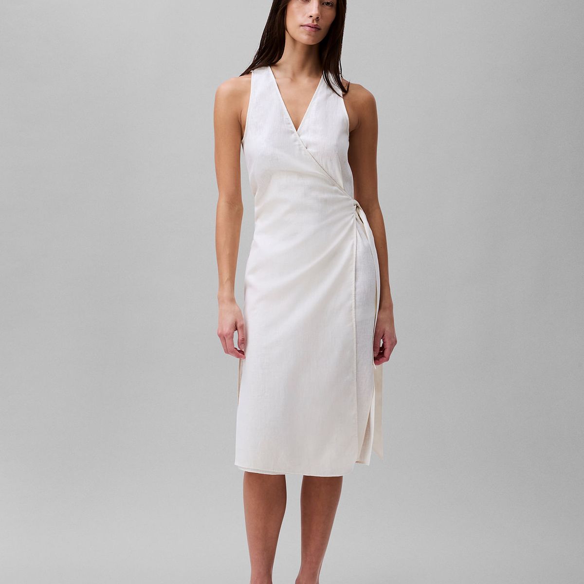 CALVIN KLEIN - VESTIDO LINEN V NECK WRAP DRESS