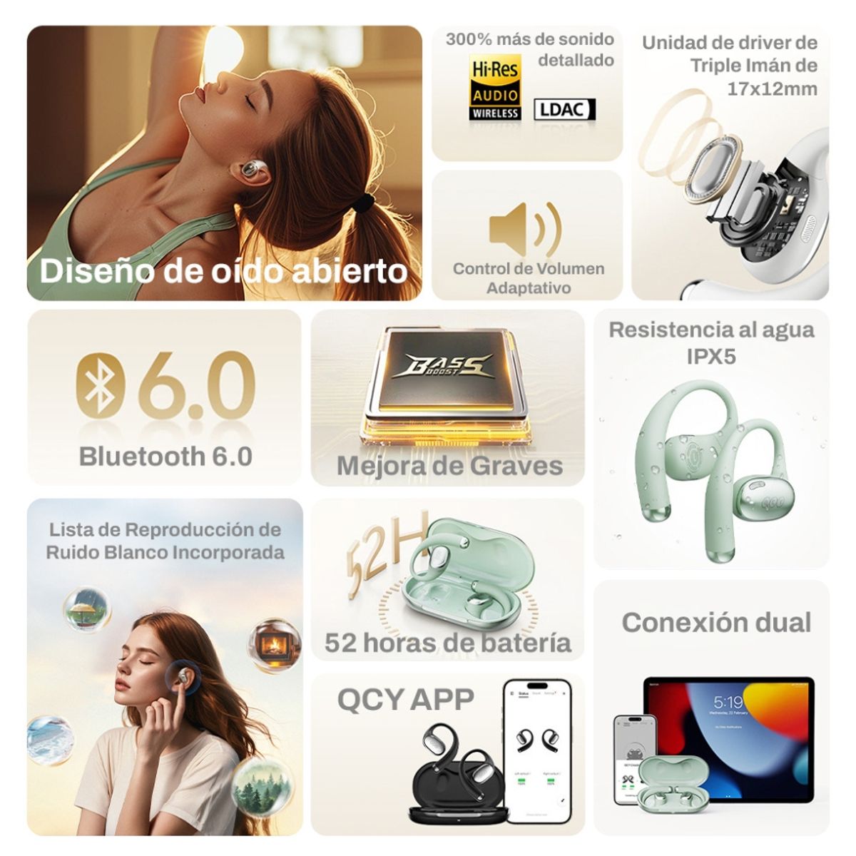 QCY - Auriculares Deportivos QCY Crossky R70 Bluetooth 6.0 IPX5 Hi-res audio