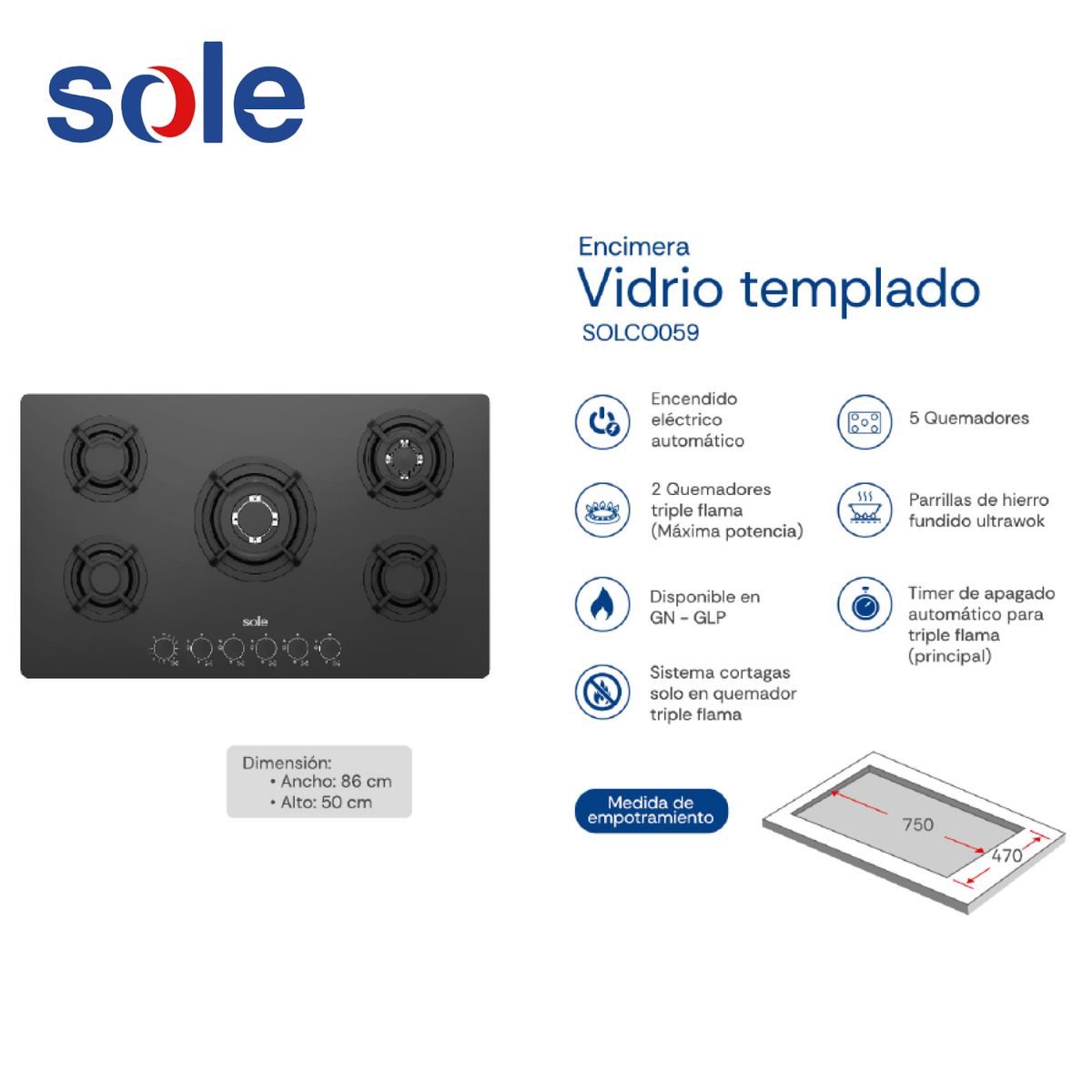 SOLE - Encimera Vidrio Templado Sole A Gas 86cm - SOLCO059
