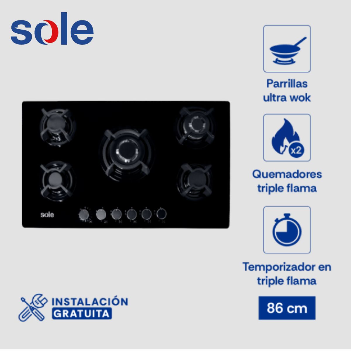 SOLE - Encimera Vidrio Templado Sole A Gas 86cm - SOLCO059