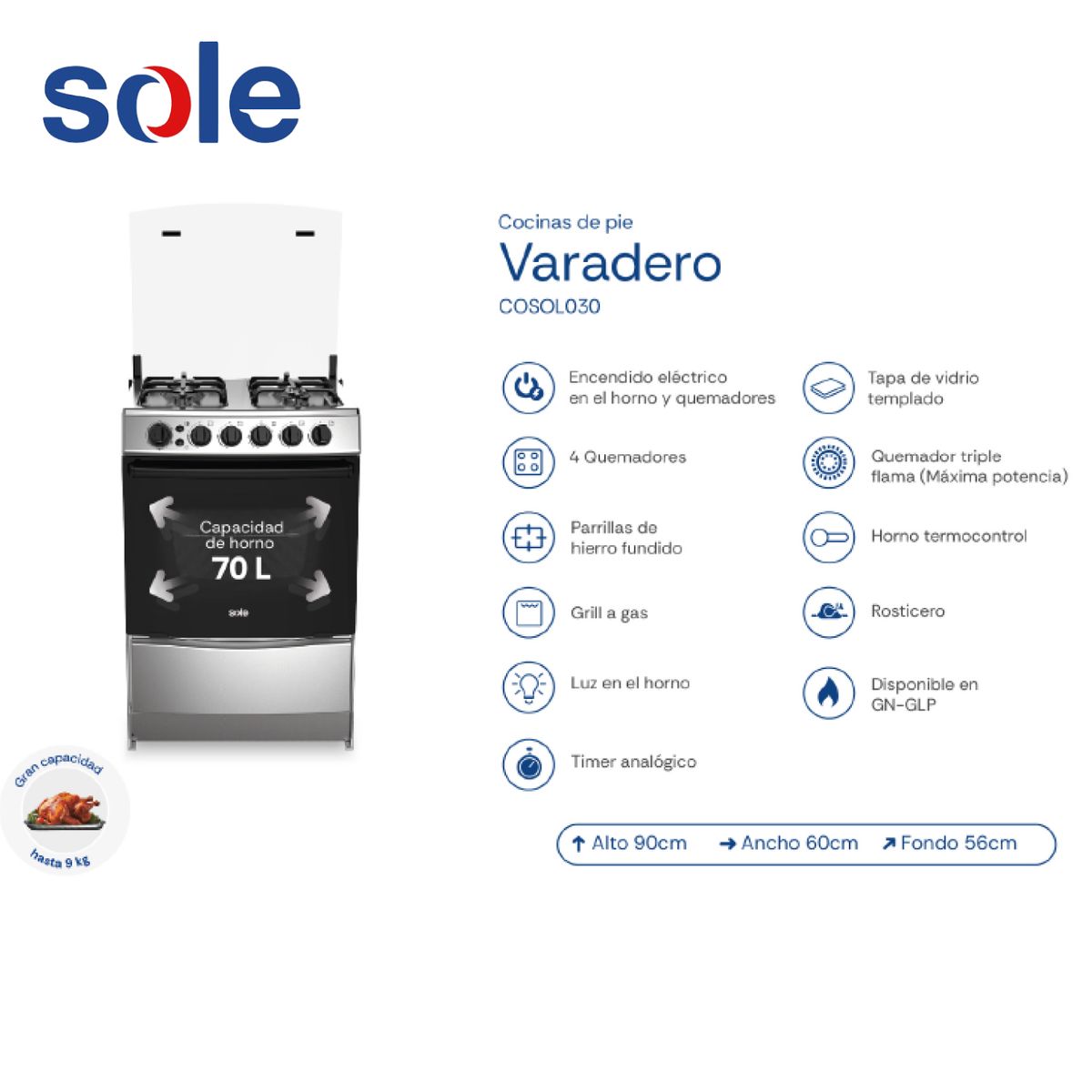 SOLE - Cocina de Pie Varadero Sole GLP 60cm  COSOL030
