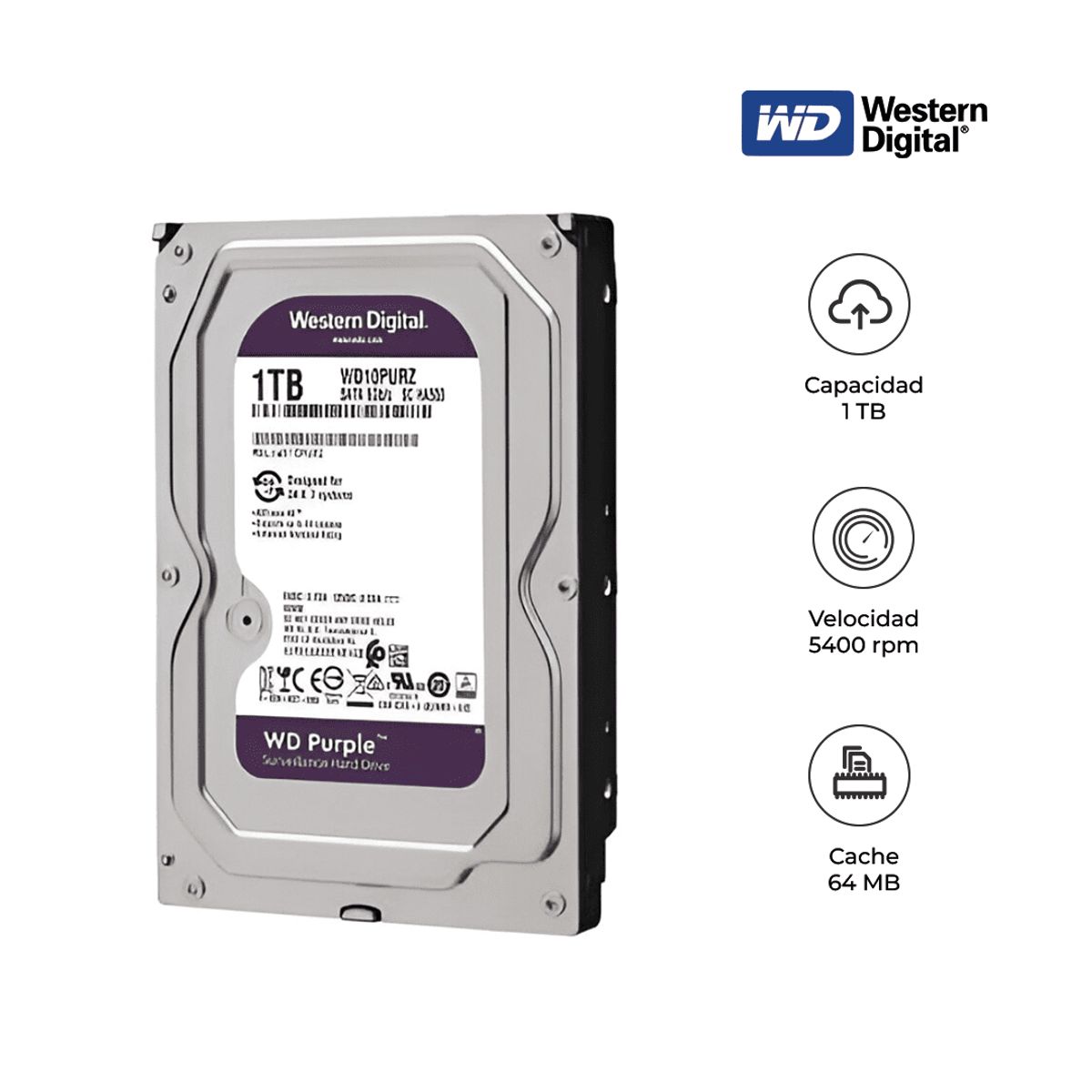 WESTERN DIGITAL - Disco Duro WD Purple 1TB 3.5 Pulgadas SATA III 5400RPM Vigilancia