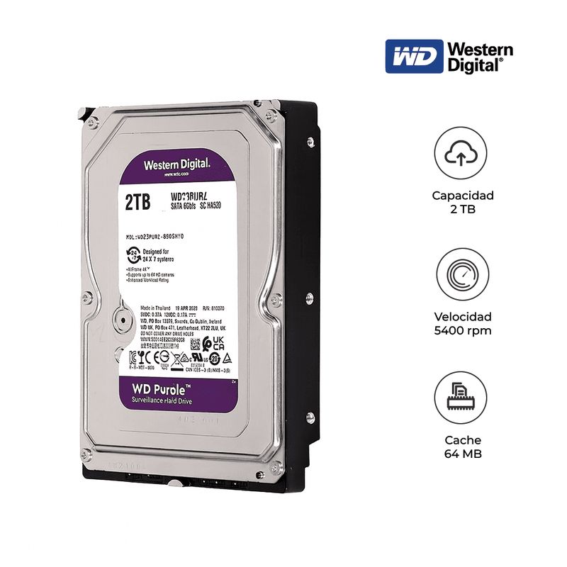 WESTERN DIGITAL - Disco Duro WD Purple 2TB 3.5 pulgadas SATA III 5400RPM Vigilancia