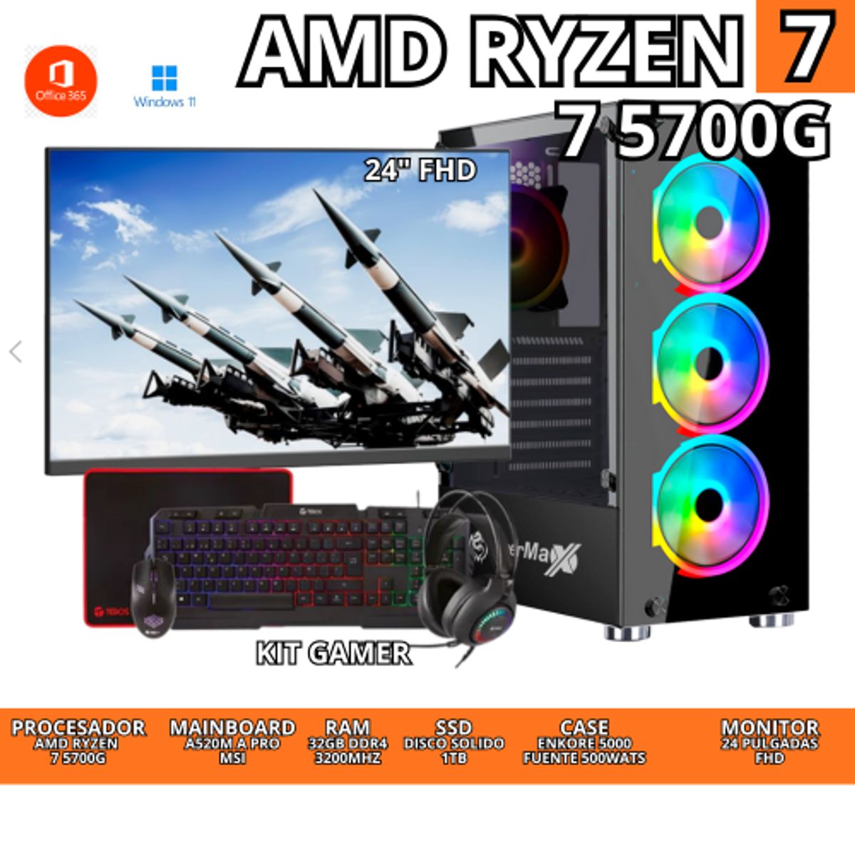 AMD - PC GAMER AMD RYZEN 75700G 32GB RAM SSD1TB CON MONITOR 24 KIT GAMER
