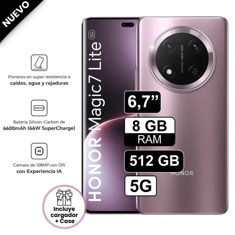 HONOR - Celular Honor Magic 7 Lite 5G 512GB 8GB RAM cámara 108MP + 5MP frontal 16MP 67 Pulg Morado