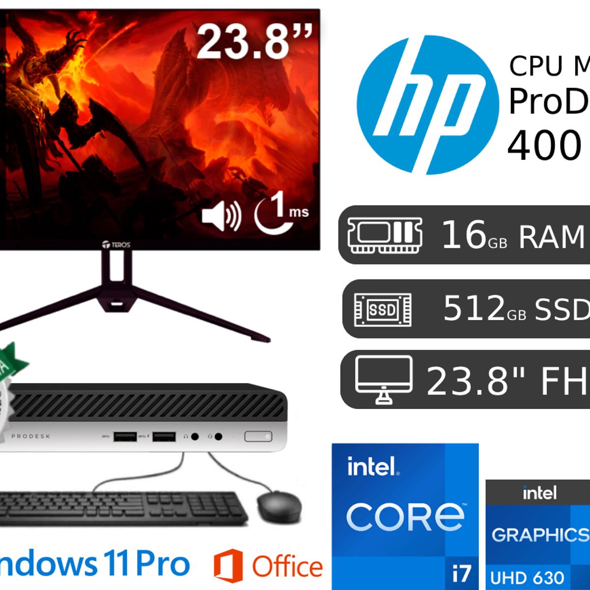 HP - HP ProDesk Mini 400 Core i7 16GB RAM 512GB SSD + Monitor 24" IPS FH 1920 x 1200