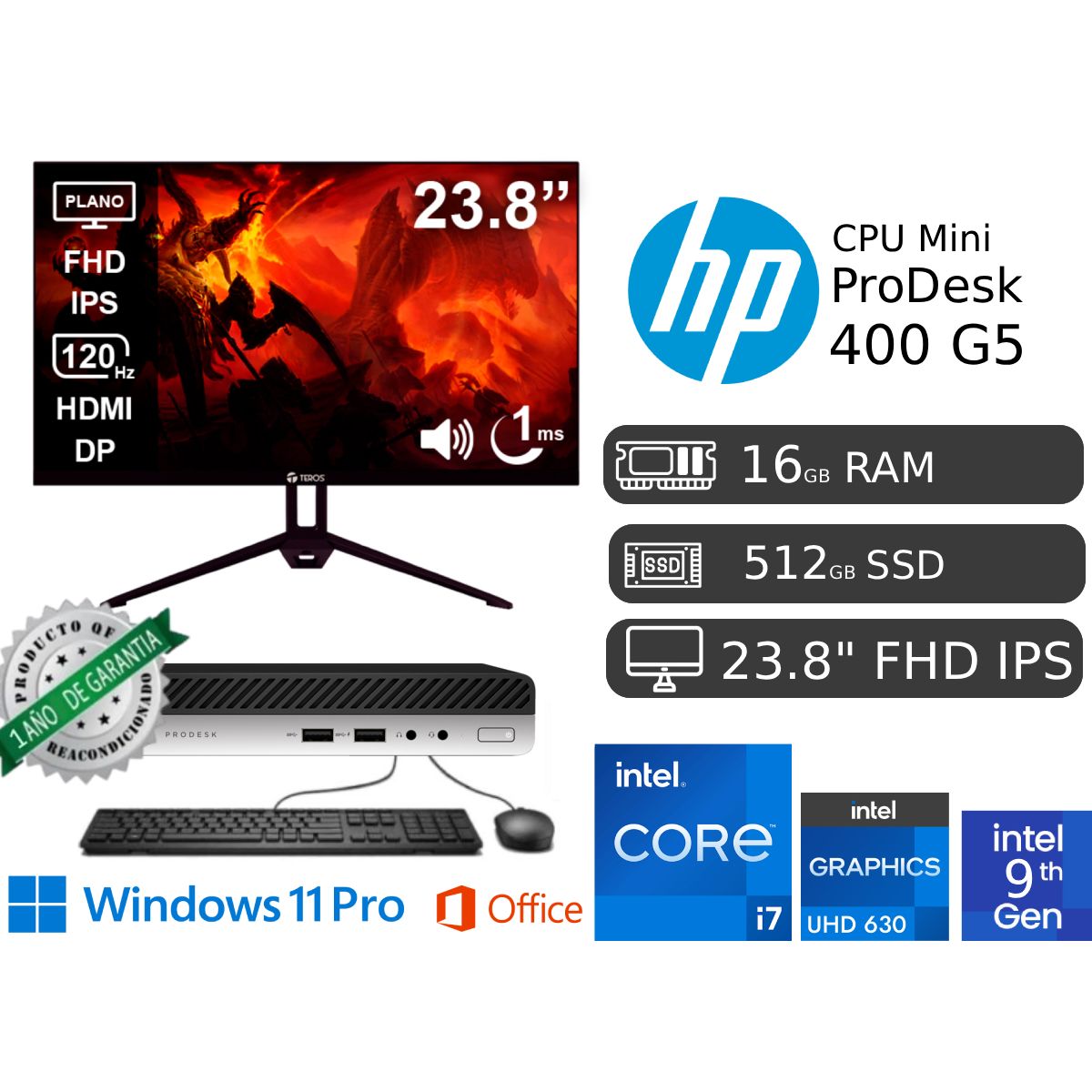 HP - HP ProDesk Mini 400 Core i7 16GB RAM 512GB SSD + Monitor 24" IPS FH 1920 x 1200