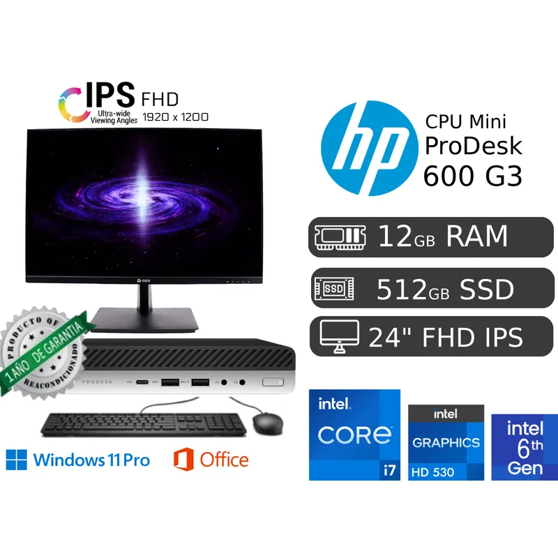 HP - HP ProDesk Mini 600 i7 12GB RAM 512GB SSD + Monitor 24" IPS FH 1920 x 1200
