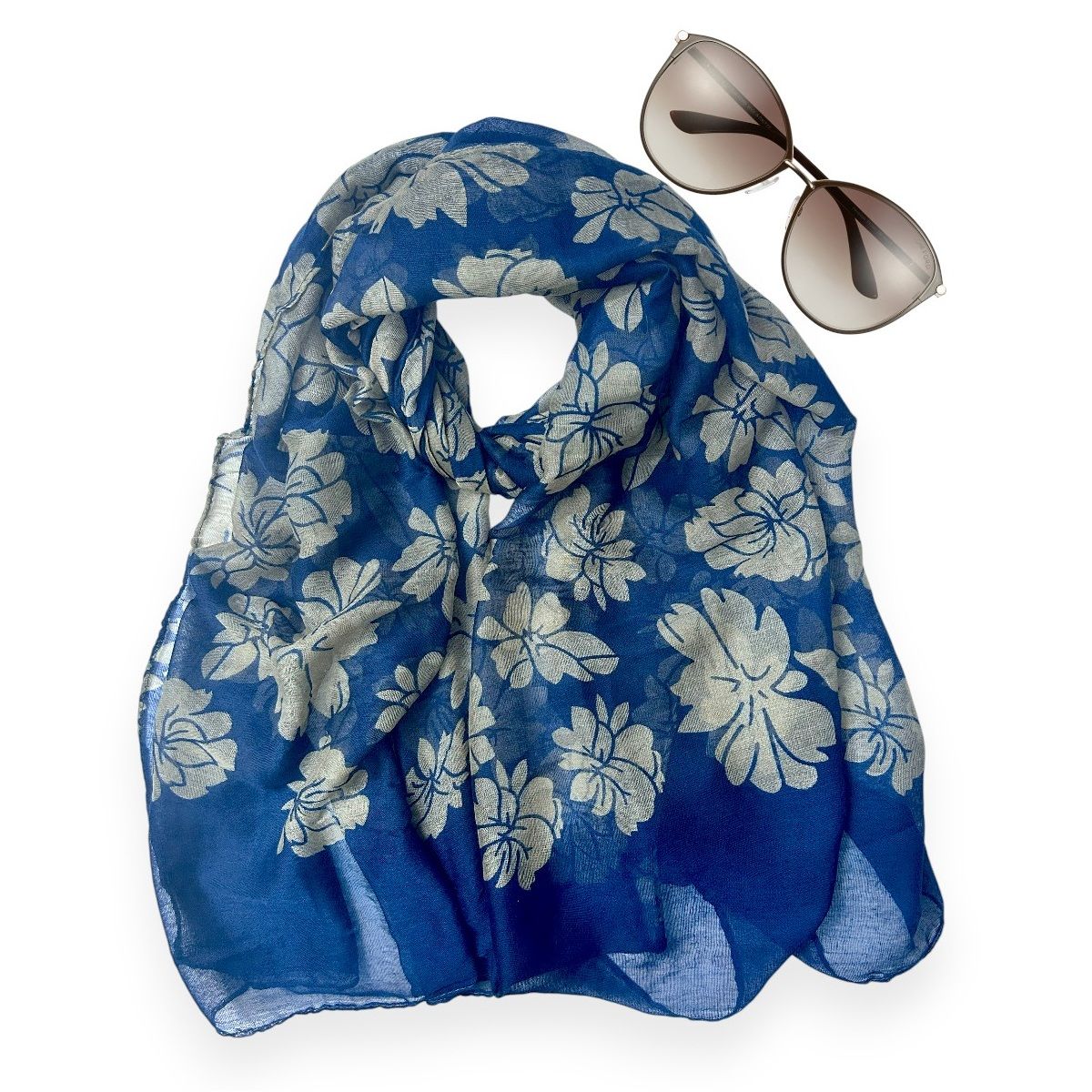 GENERICO - Bufanda Pañoleta Chalina Pashmina Flores Beige con Azúl