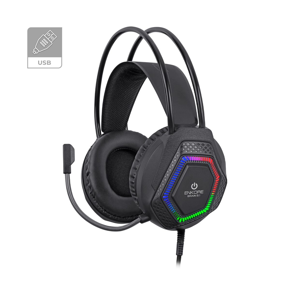 ENKORE - Auricular Gamer Rainbow LED Alámbrico Enkore Brain 5.1 - EKHG 1009U