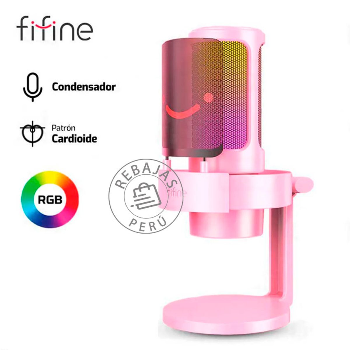 FIFINE - Micrófono Condensador Gamer Fifine A8 PINK USB RGB con Filtro Antipop