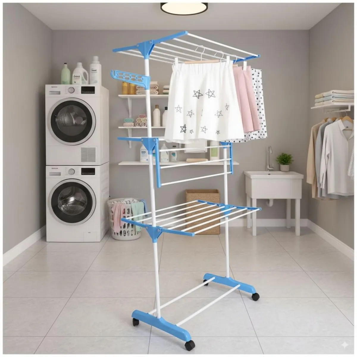 GENERICO - Tendedero de Ropa Multifuncional 4 Niveles Plegable con Ruedas Azul