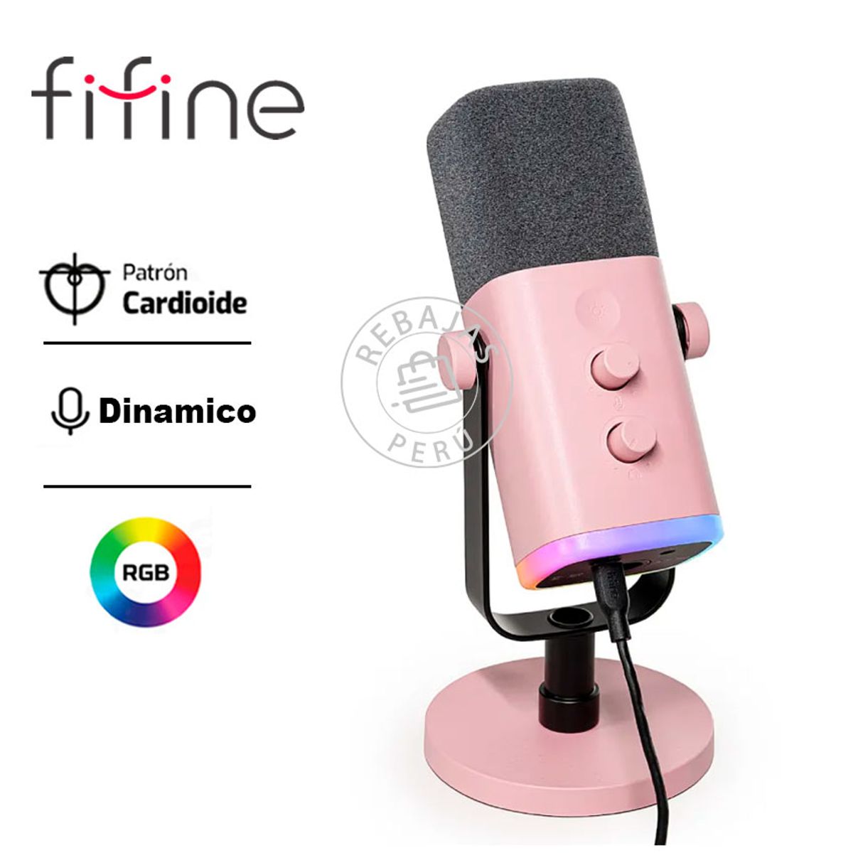 FIFINE - Micrófono Dinámico Fifine AM8 PINK USB RGB con Filtro Antipop y Mute