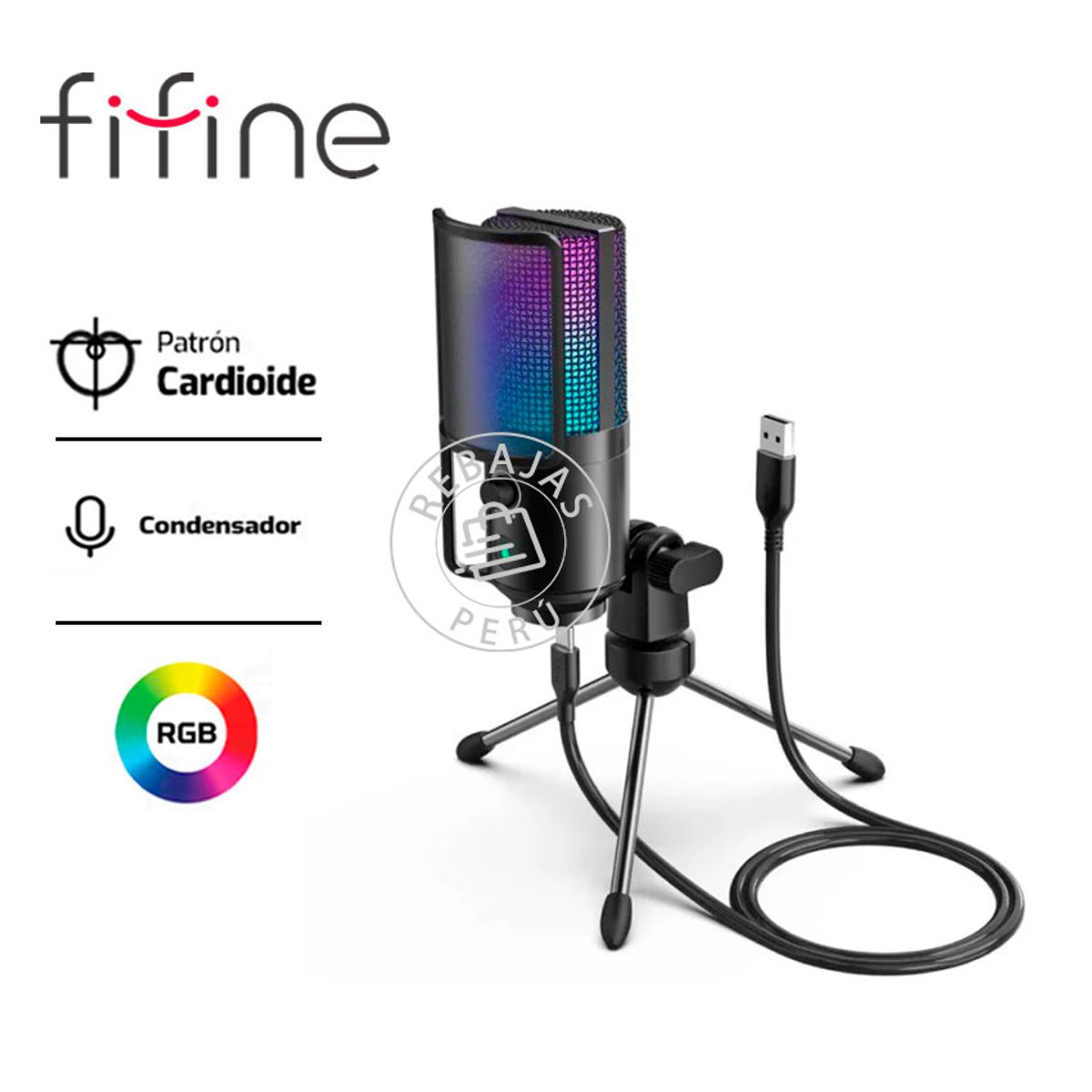 FIFINE - Fifine K669PRO3 Micrófono Condensador USB RGB con Trípode y Mute