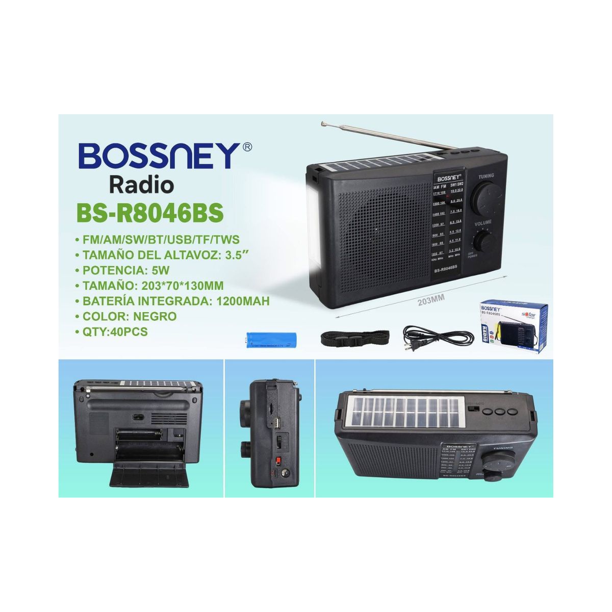 OEM - Radio Bossney Recargable Con Panel Solar BS- 8046