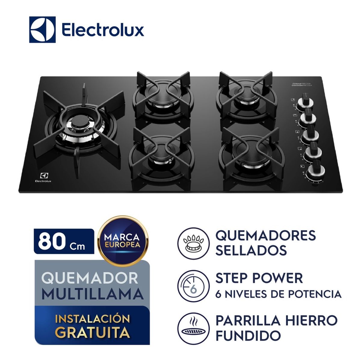 ELECTROLUX - Encimera Electrolux a Gas 5 hornillas 80 cm KE5GW