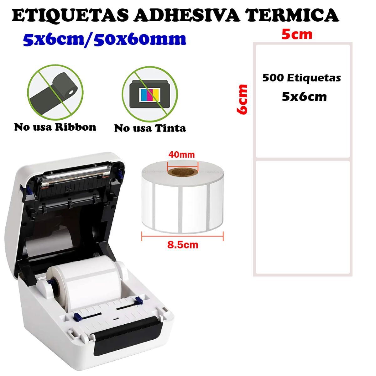 GENERICO - Etiqueta Termica Adhesiva  5x6cm Pack 2 Rollos