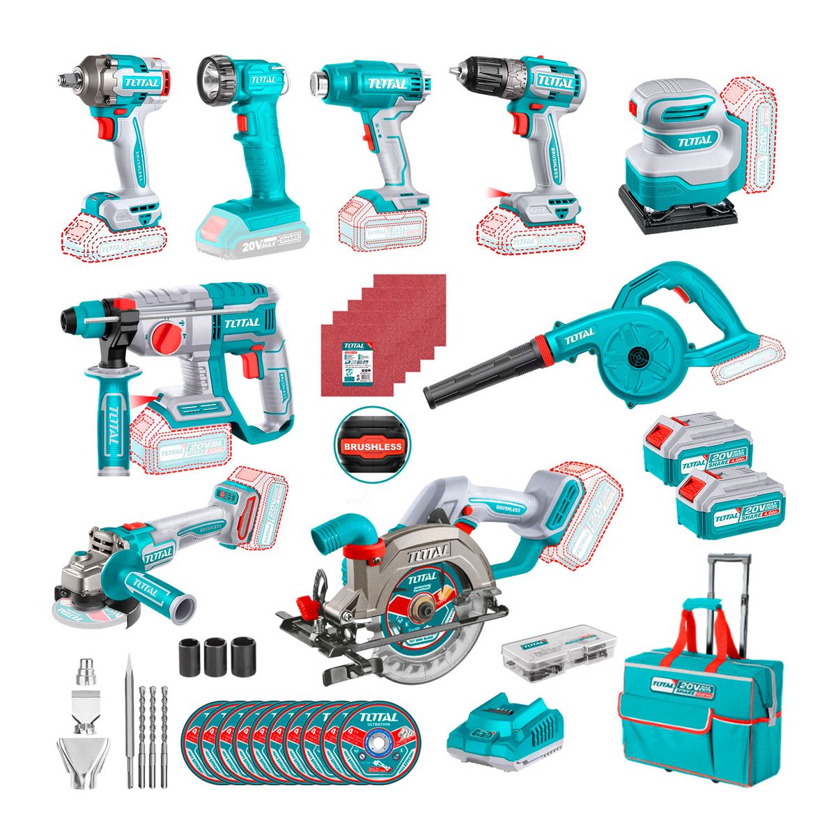 TOTAL TOOLS - Combo 9 Piezas Con 2 Bat. 4.0ah/1cargador + Accesorios Total