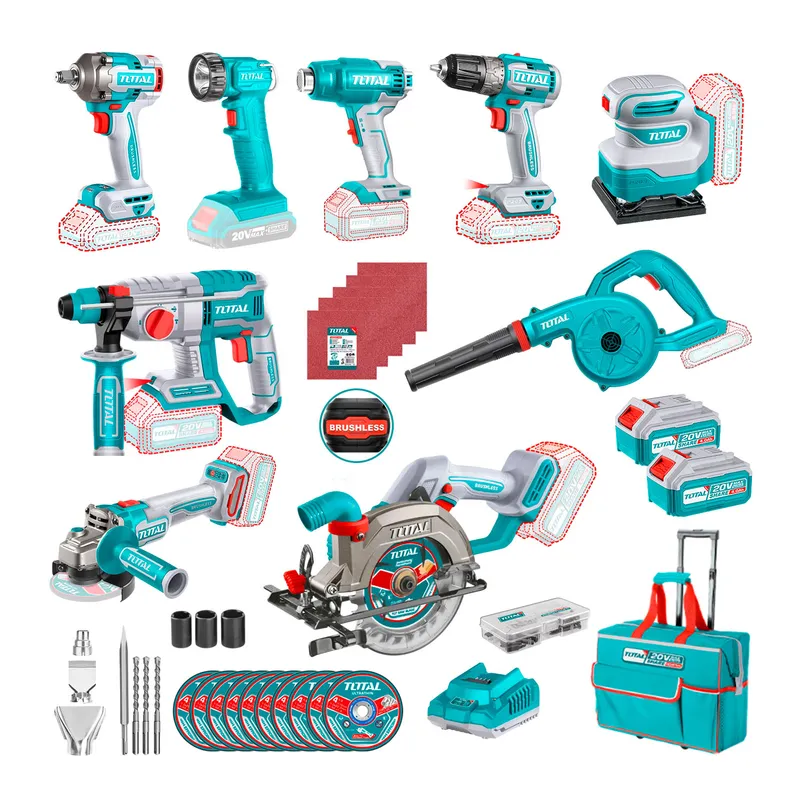 TOTAL TOOLS - Combo 9 Piezas Con 2 Bat. 4.0ah/1cargador + Accesorios Total
