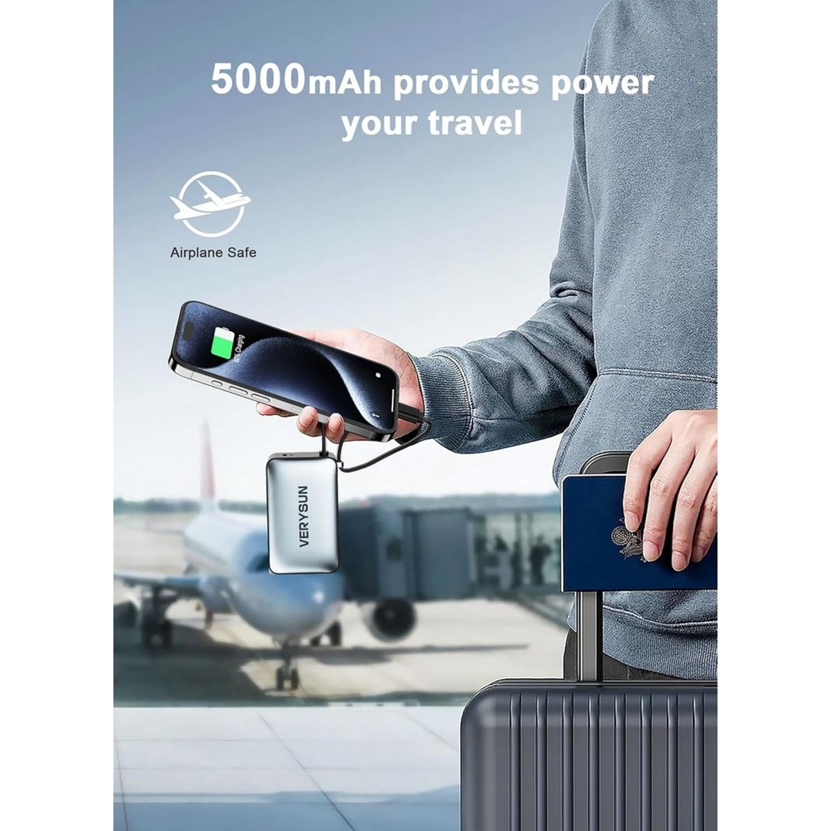 VERYSUN - Mini Powerbank 3 en 1 para viajes 5000mah con enchufe plegable