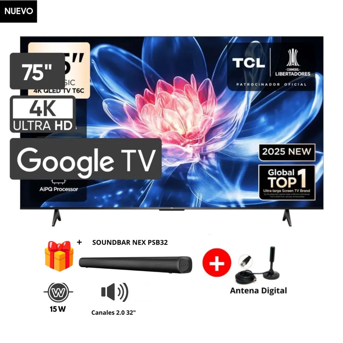 TCL - TELEVISOR TCL QLED 75" UHD 4K SMART  TV 75T6C MODELO 2025+ SOUNDBAR NEX+ ANTENA