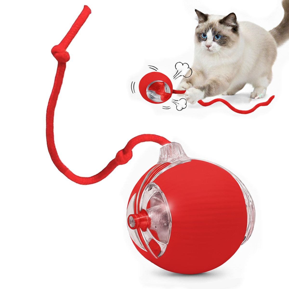 AMICATS - Pelota Interactiva con Cuerda para Gatos y Perros Rojo