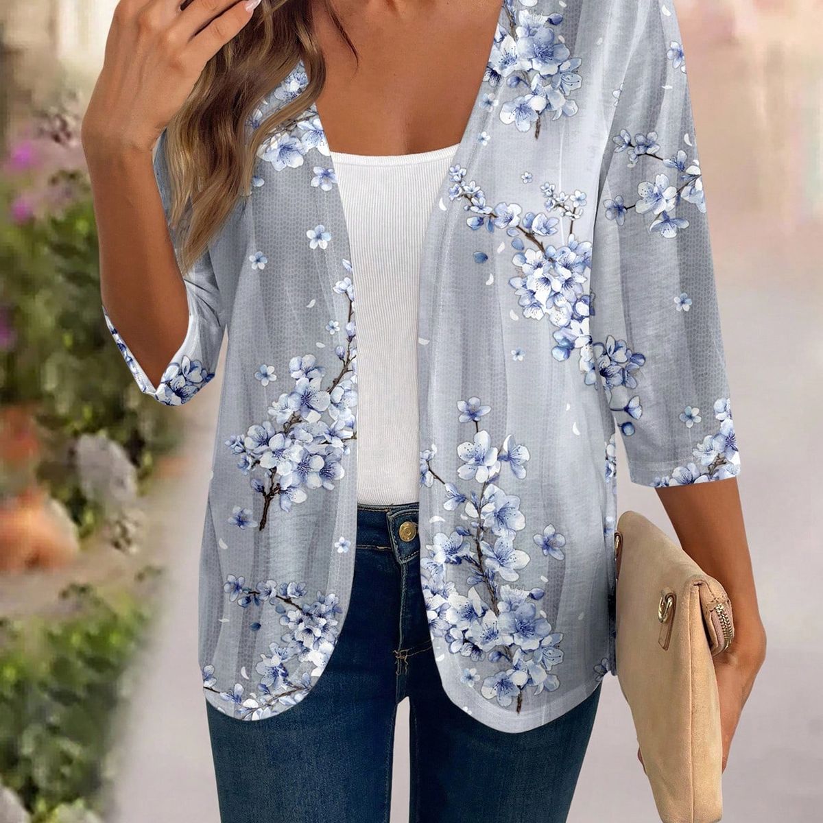 KAST PE - Cardigan Teresa ligero de flores gris azul  Talla M