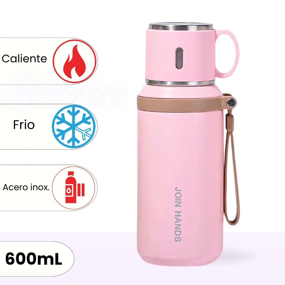 ICHIMATSU - Termo de Acero Inoxidable con asa y cinta Rosado 600 ml.