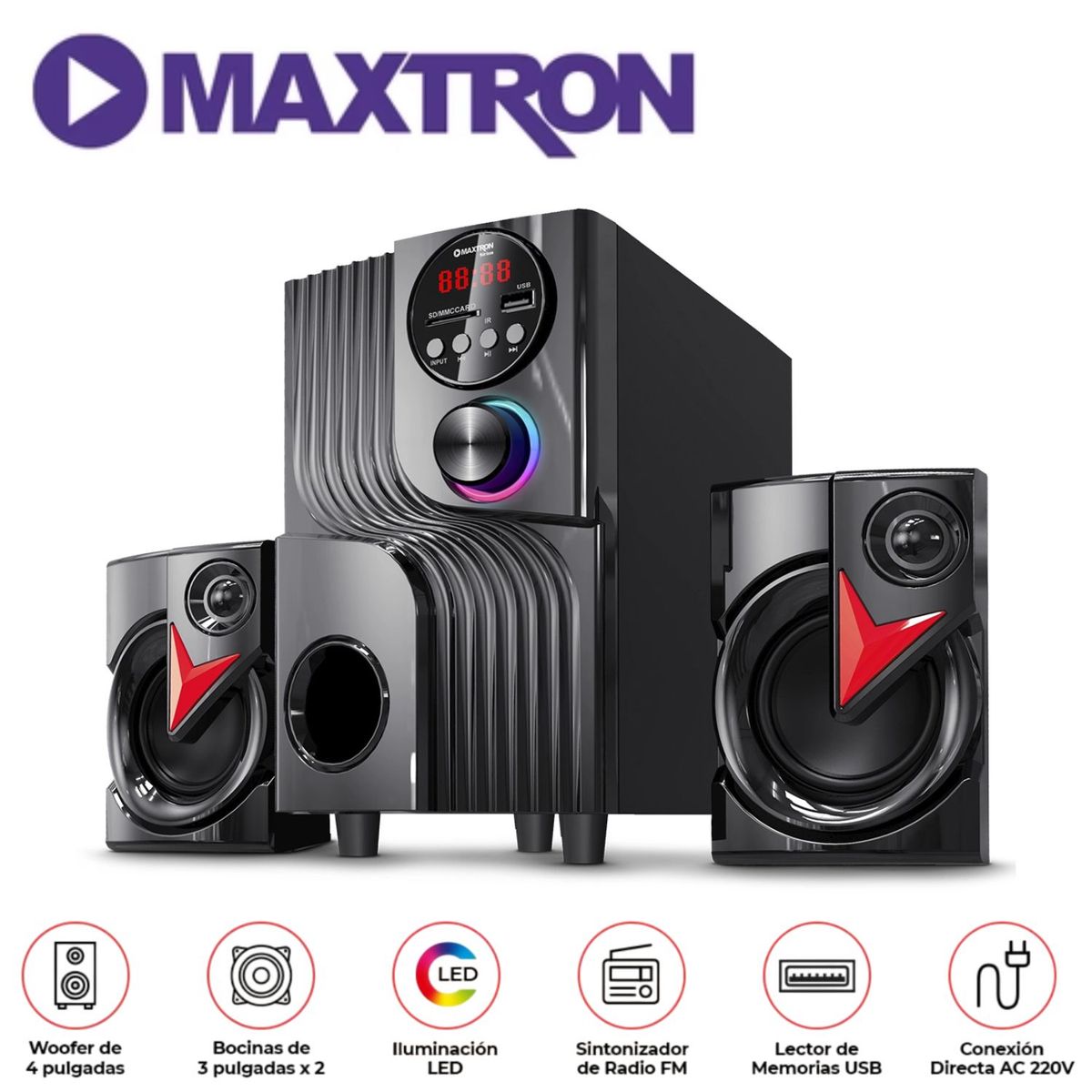 MAXTRON - Parlante 2,1 Maxtron MAX S201 Sirius USB BT AUX Iluminación LED