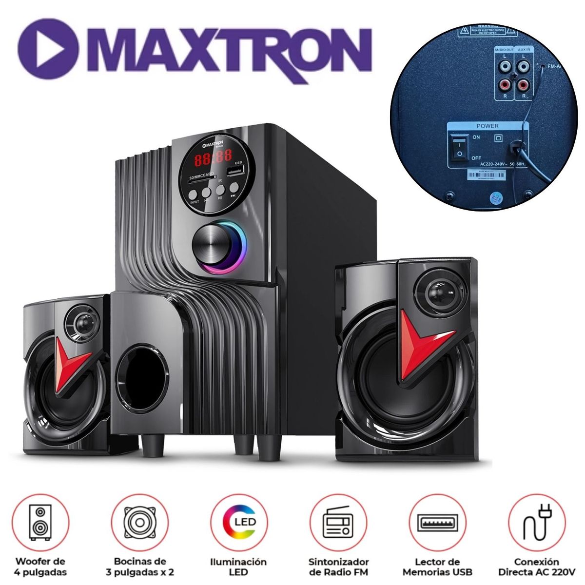 MAXTRON - Parlante 2,1 Maxtron MAX S201 Sirius Subwoofer 4" USB BT AUX