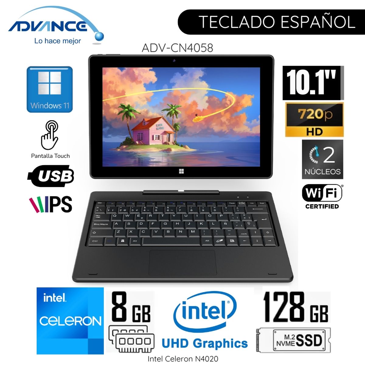 ADVANCE - Laptop Advance CN4058 2 en 1 Intel Celeron N4020 8GB RAM 128GB SSD 10.1"  HD   Pantalla táctil Wind 11