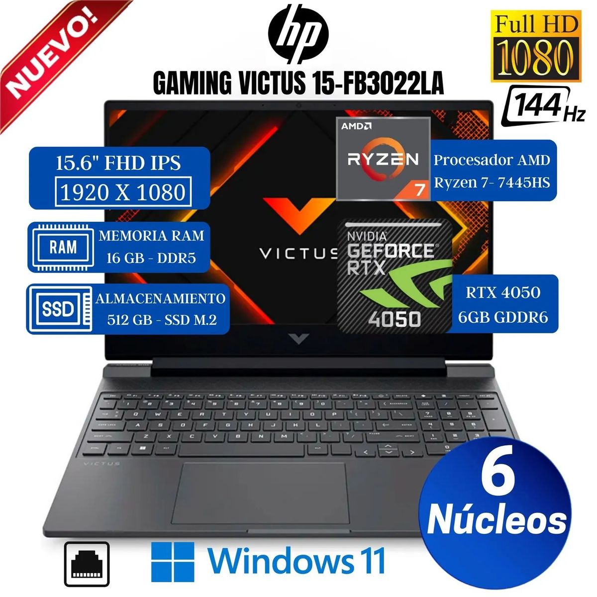 HP - Laptop Gamer HP Victus 15-FB3022LA 15.6” FHD, Ryzen 7-7445HS, Ram 16GB 512GB SSD, Rtx 4050, Win 11