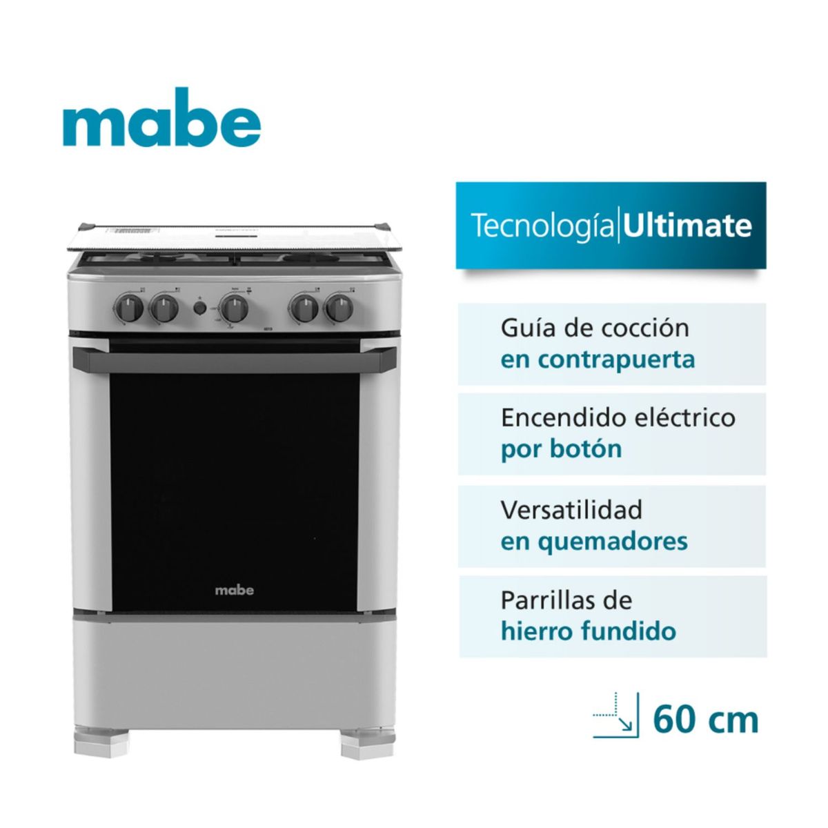 Mabe - COCINA MABE CMP6010FG1 A GAS DE 4 HORNILLAS  SILVER