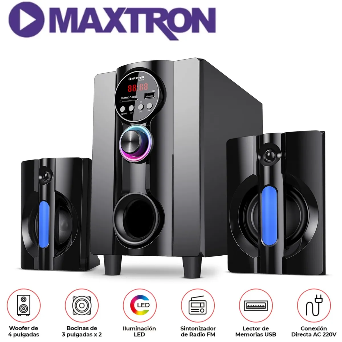 MAXTRON - Parlante 2,1 Maxtron MAX S202 Zenith USB BT AUX Iluminación LED