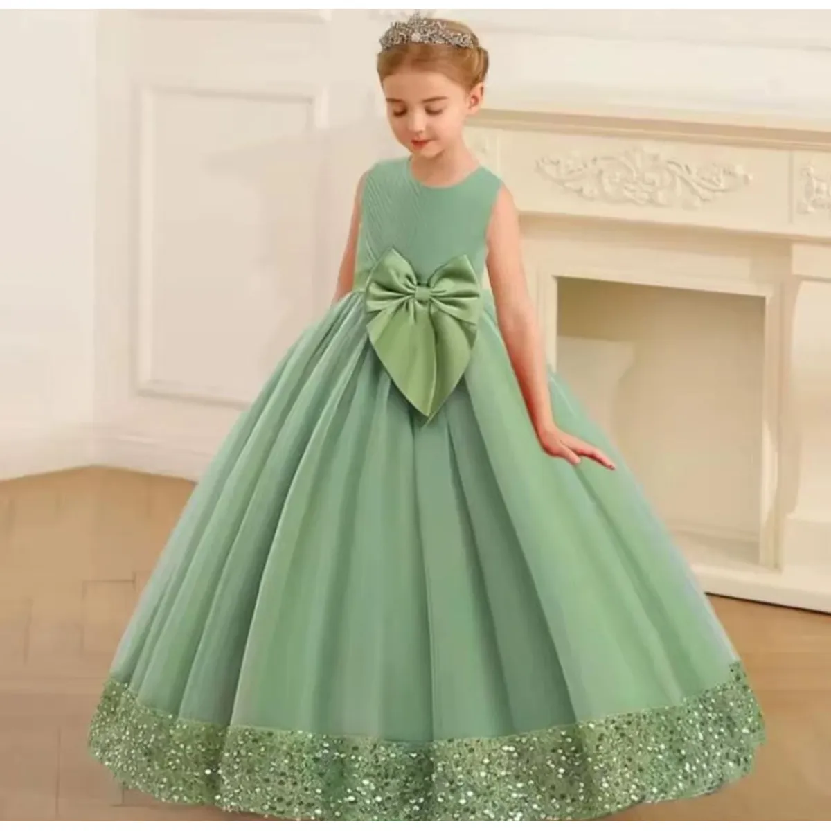GENERICO - Vestido Niña Princesa Brillantes Verde Olivo Talla 10