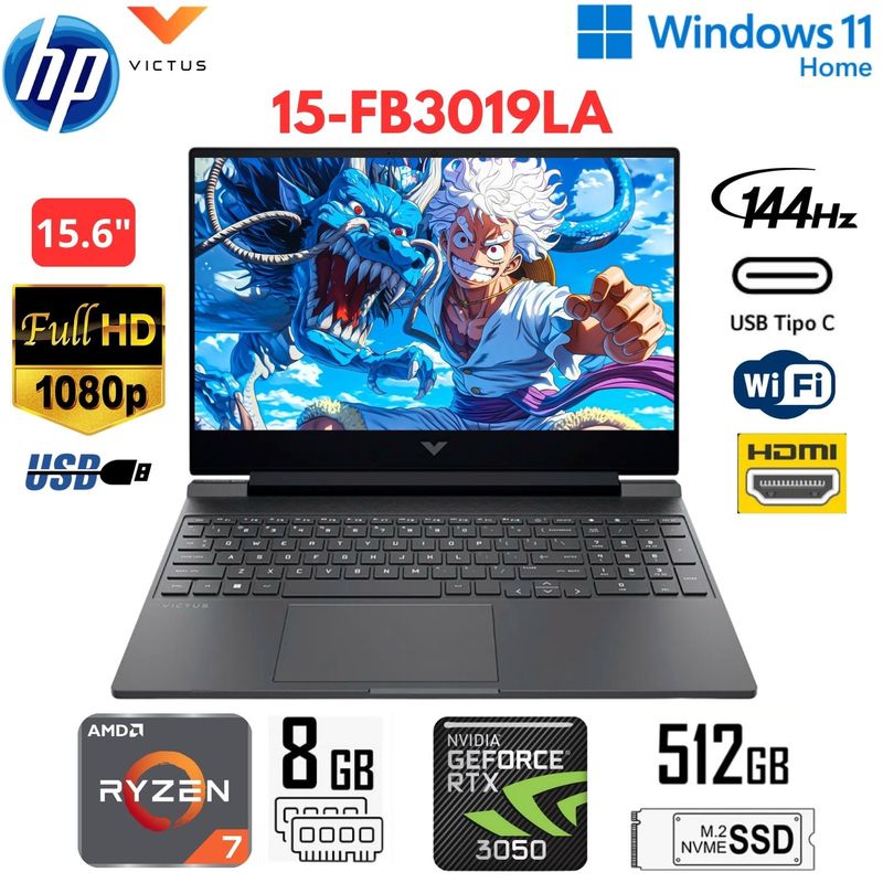 HP - LAPTOP HP Victus 15-FB3019LA 15.6" FHD IPS AMD Ryzen 7 7445HS 8GB 512GB SSD RTX 3050 6GB WIN11