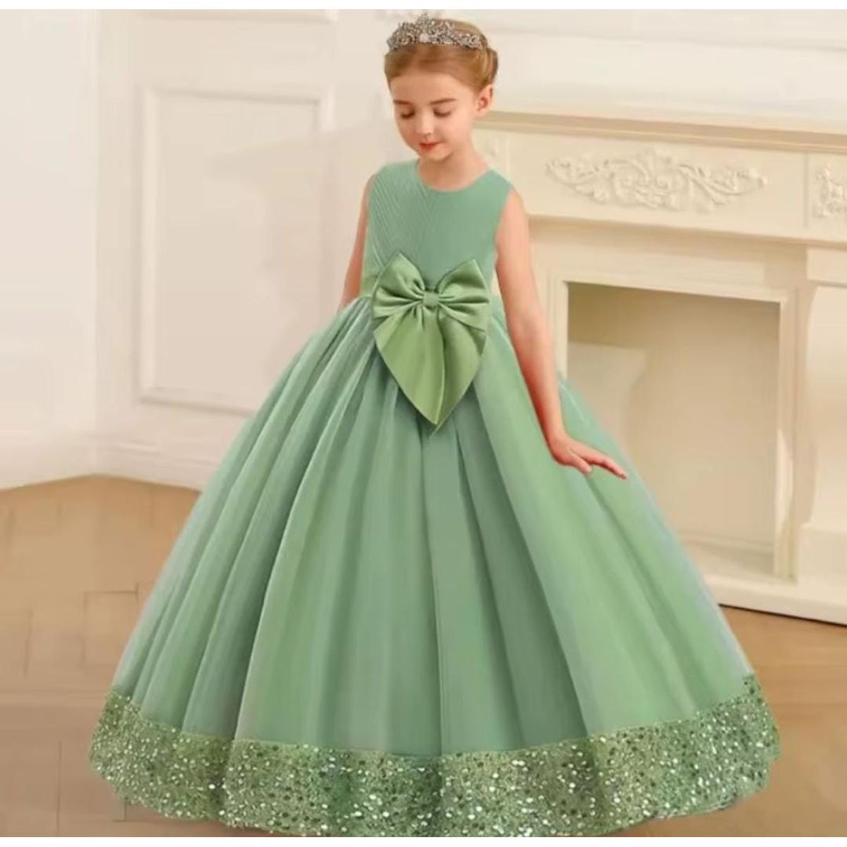 GENERICO - Vestido Niña Princesa Brillantes Verde Olivo Talla 8