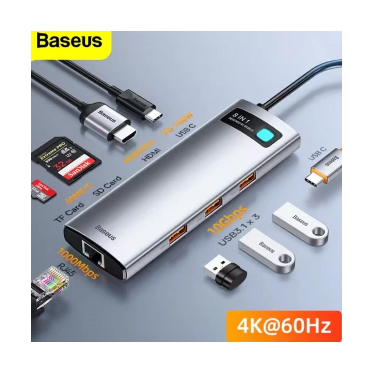 BASEUS - Hub 8 en 1 USB3.1 HDMI 60Hz Nueva Versión Baseus Para Macbook