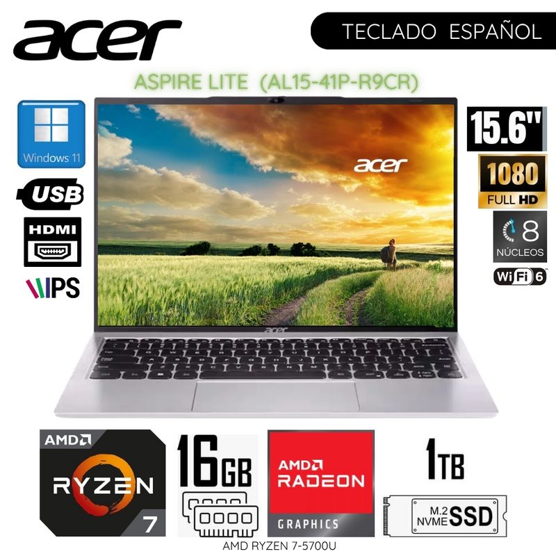 ACER - Laptop Acer Aspire AL15-41P-R9CR AMD Ryzen 7-5700U 16GB RAM 1TB SSD 15.6"  FHD IPS WIN11