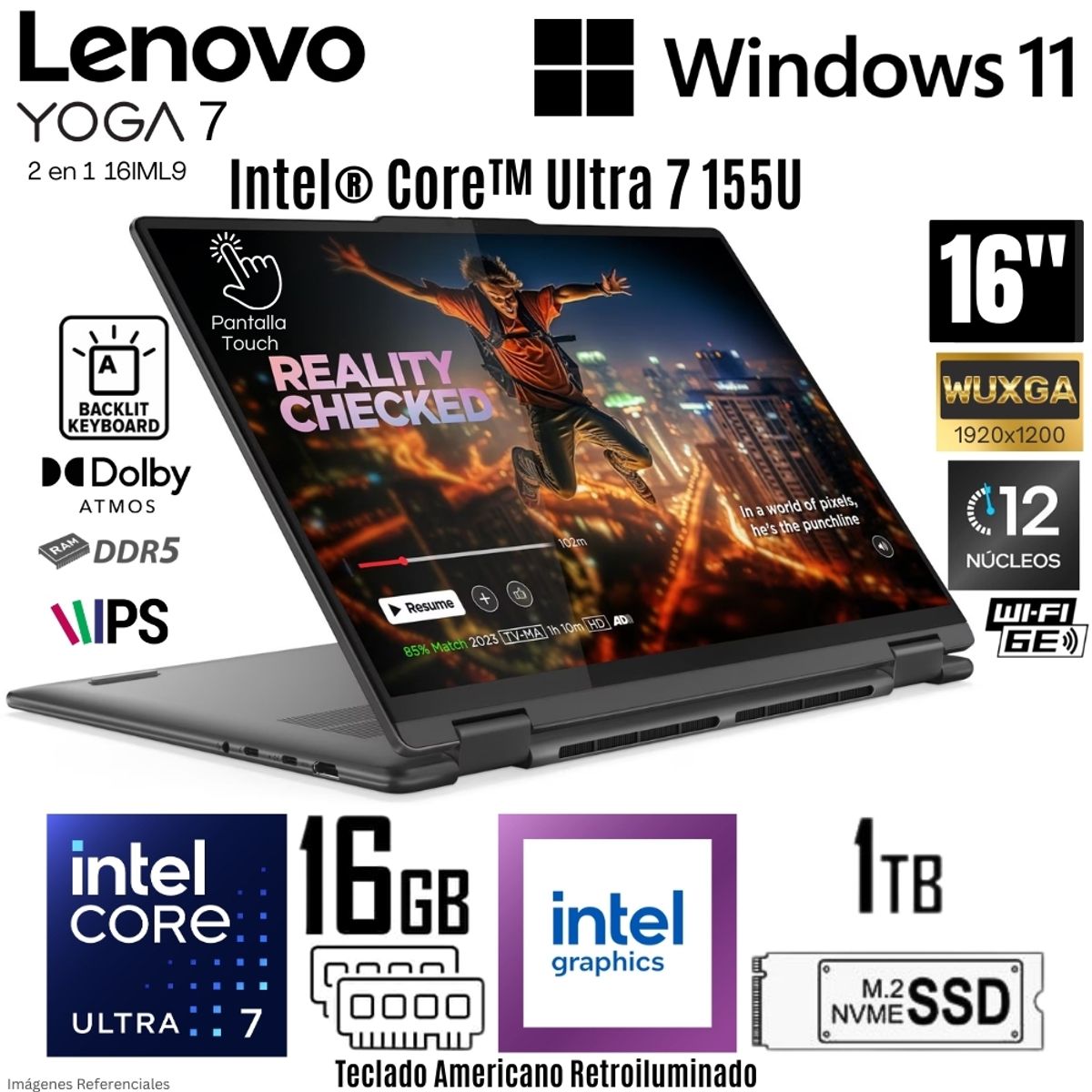 LENOVO - Laptop Lenovo Yoga 7 2 en 1 Intel Core Ultra 7 155U 16 GB DDR5 RAM 1TB SSD 16"  WUXGA TouchScreen