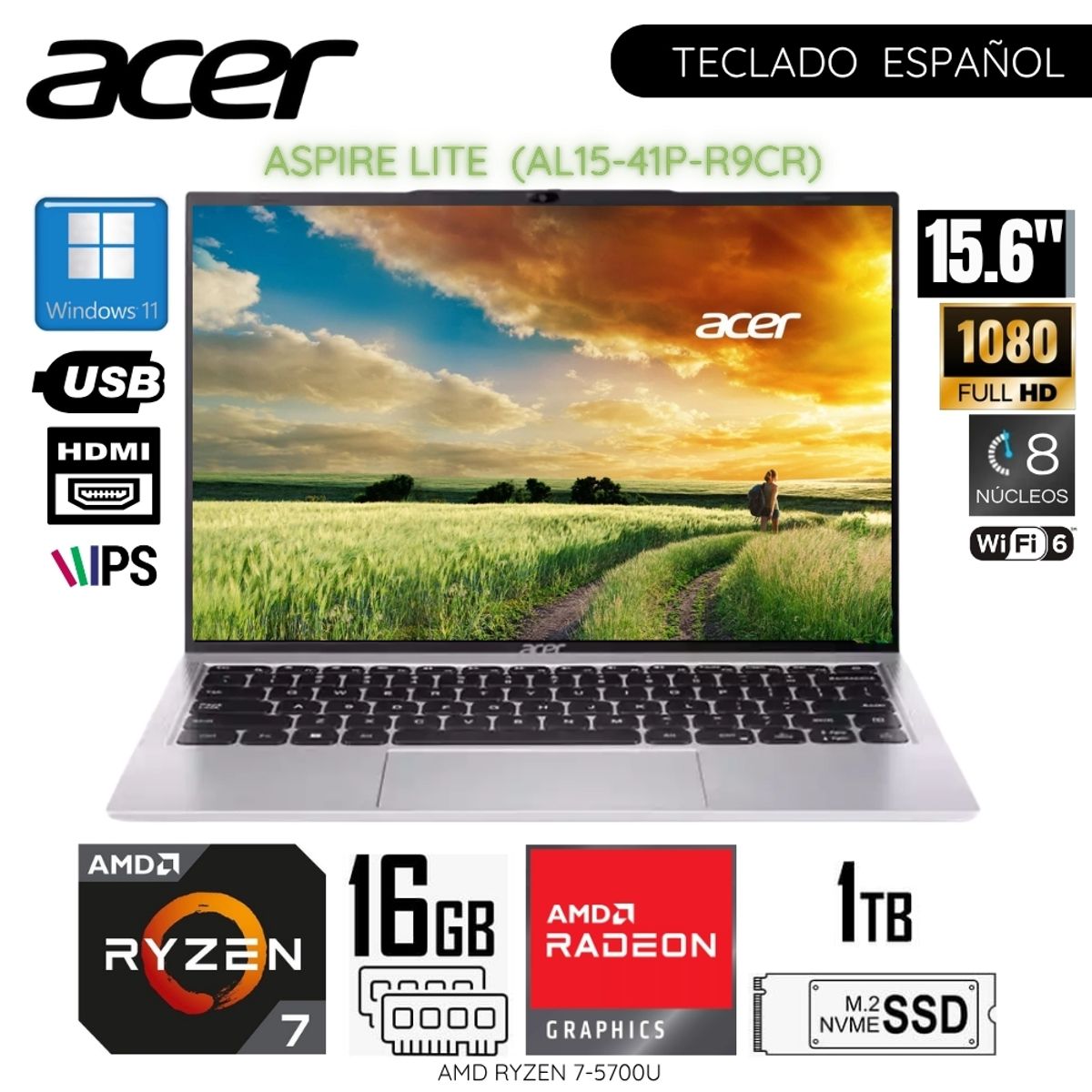 ACER - Laptop Acer Aspire AL15-41P-R9CR AMD Ryzen 7-5700U 16GB RAM 1TB SSD 15.6"  FHD IPS WIN11