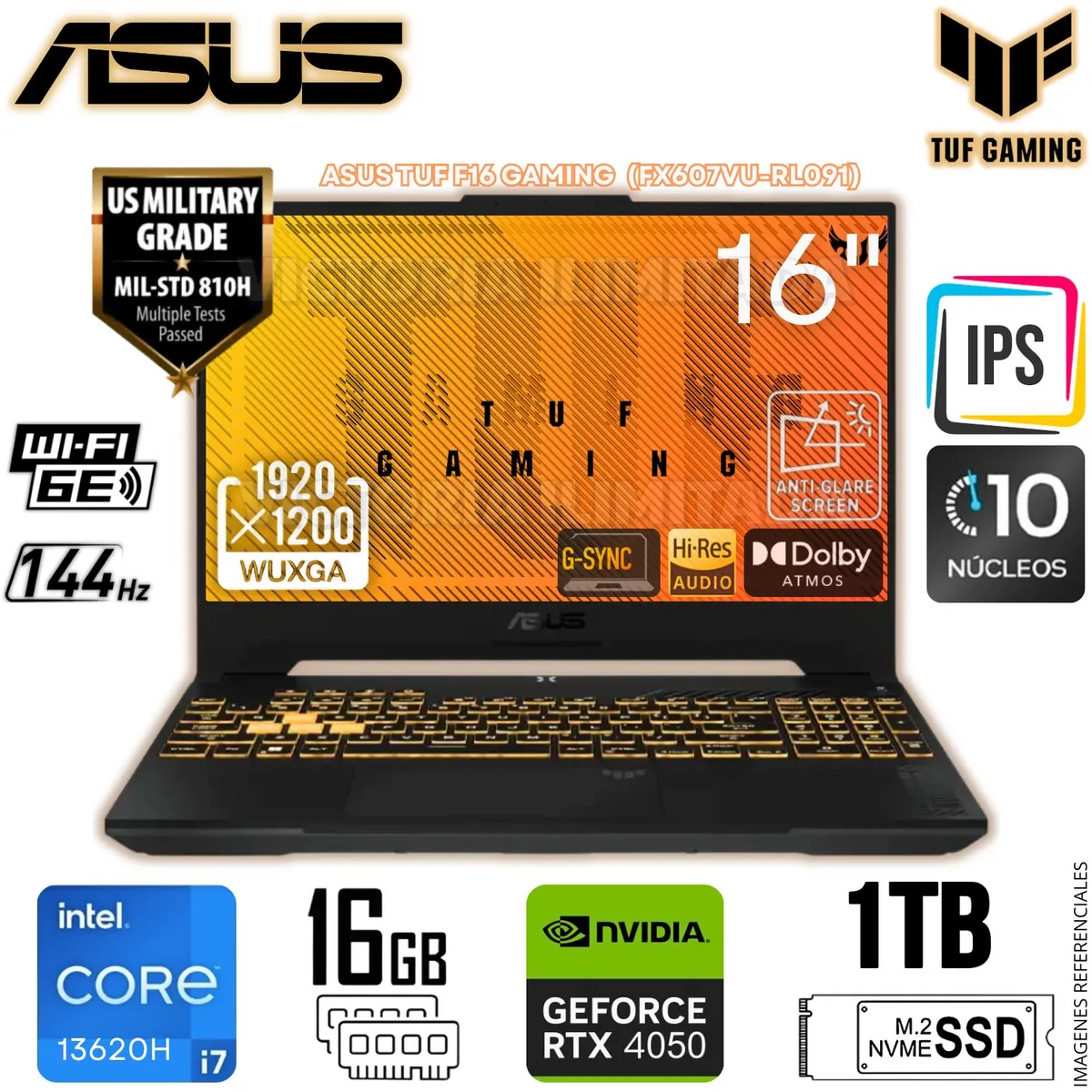 ASUS - Laptop Asus TUF F16 FX607VU-RL091 16" WUXGA IPS, Core i7-13620H, Ram 16GB, Ssd 1 TB, Rtx 4050 6GB