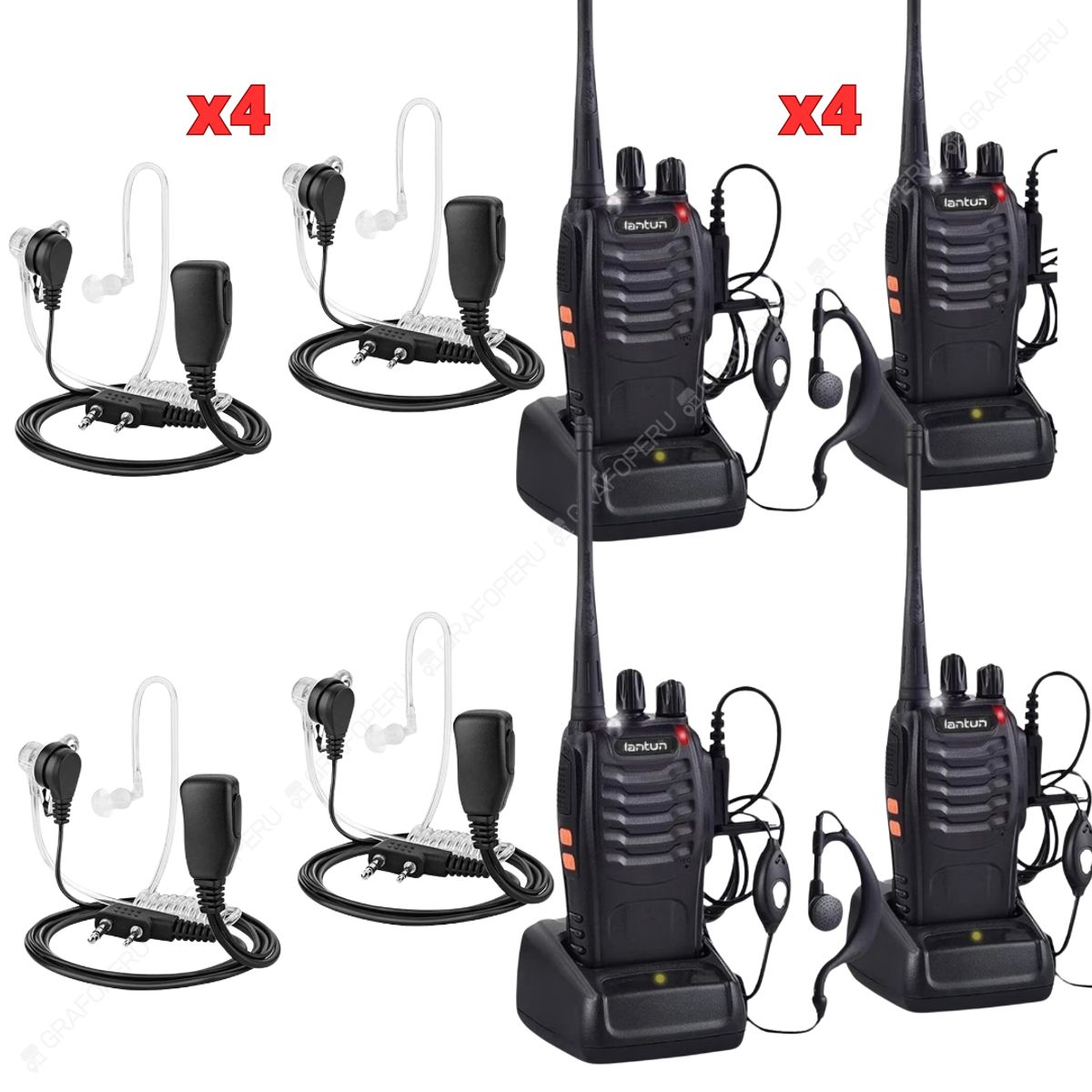 OEM - 04 Radio Walkie Talkie Seguridad + 04 Audifono Tactico Microfono.