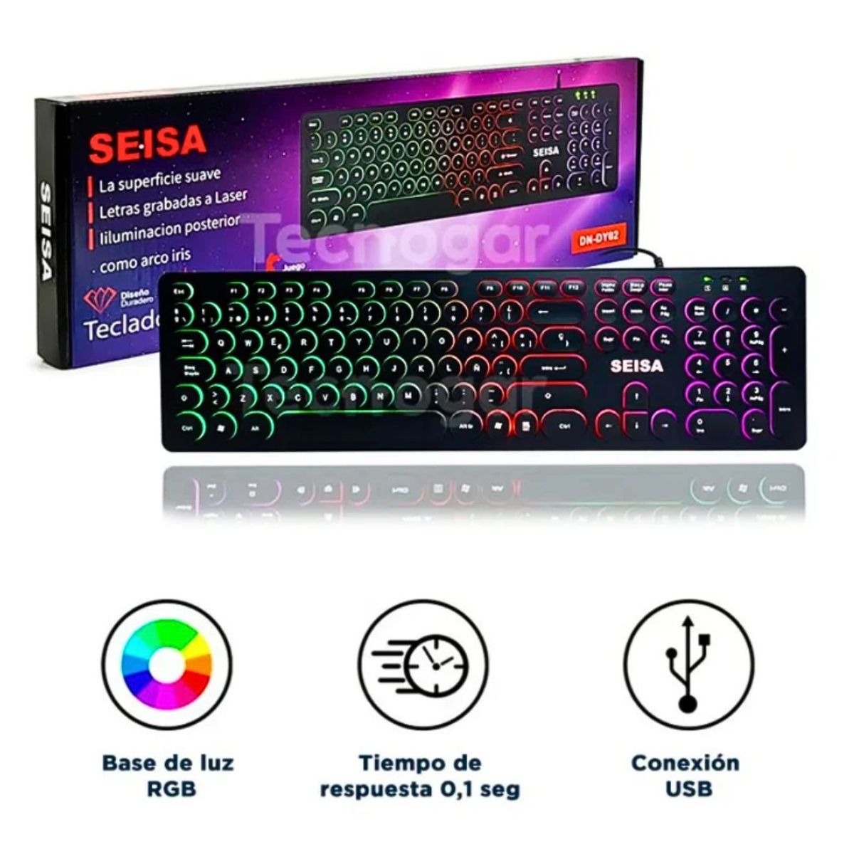 SEISA - Teclado Gamer SEISA DN-DY02 Retroiluminado Arcoíris USB Antideslizante