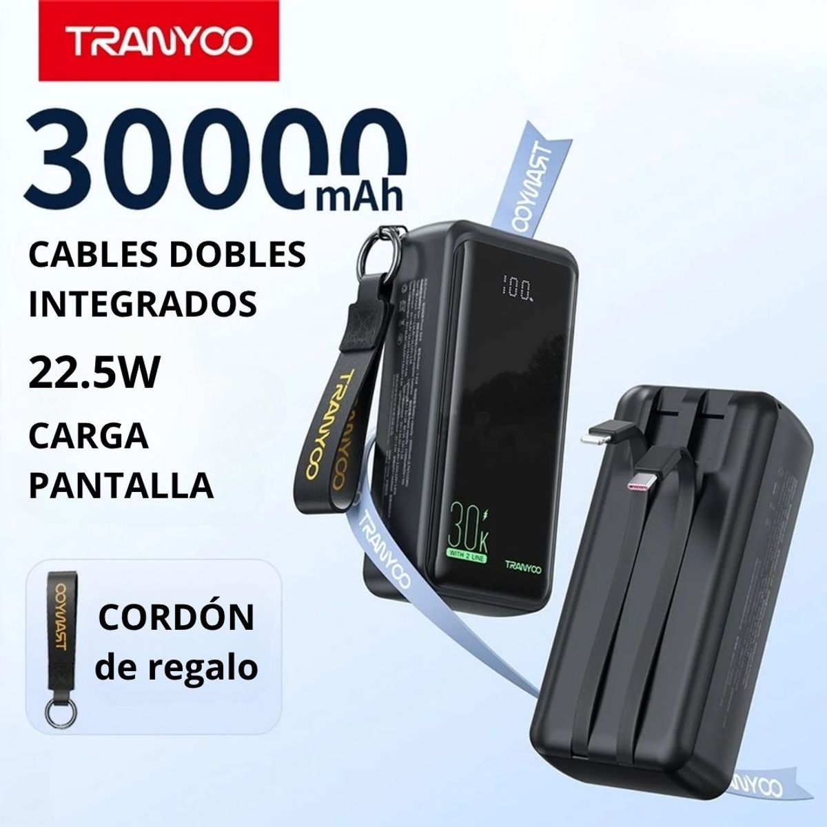 TRANYOO - Power Bank Tranyoo T-K18 30000mAh con Carga Rápida y Cables Integrados