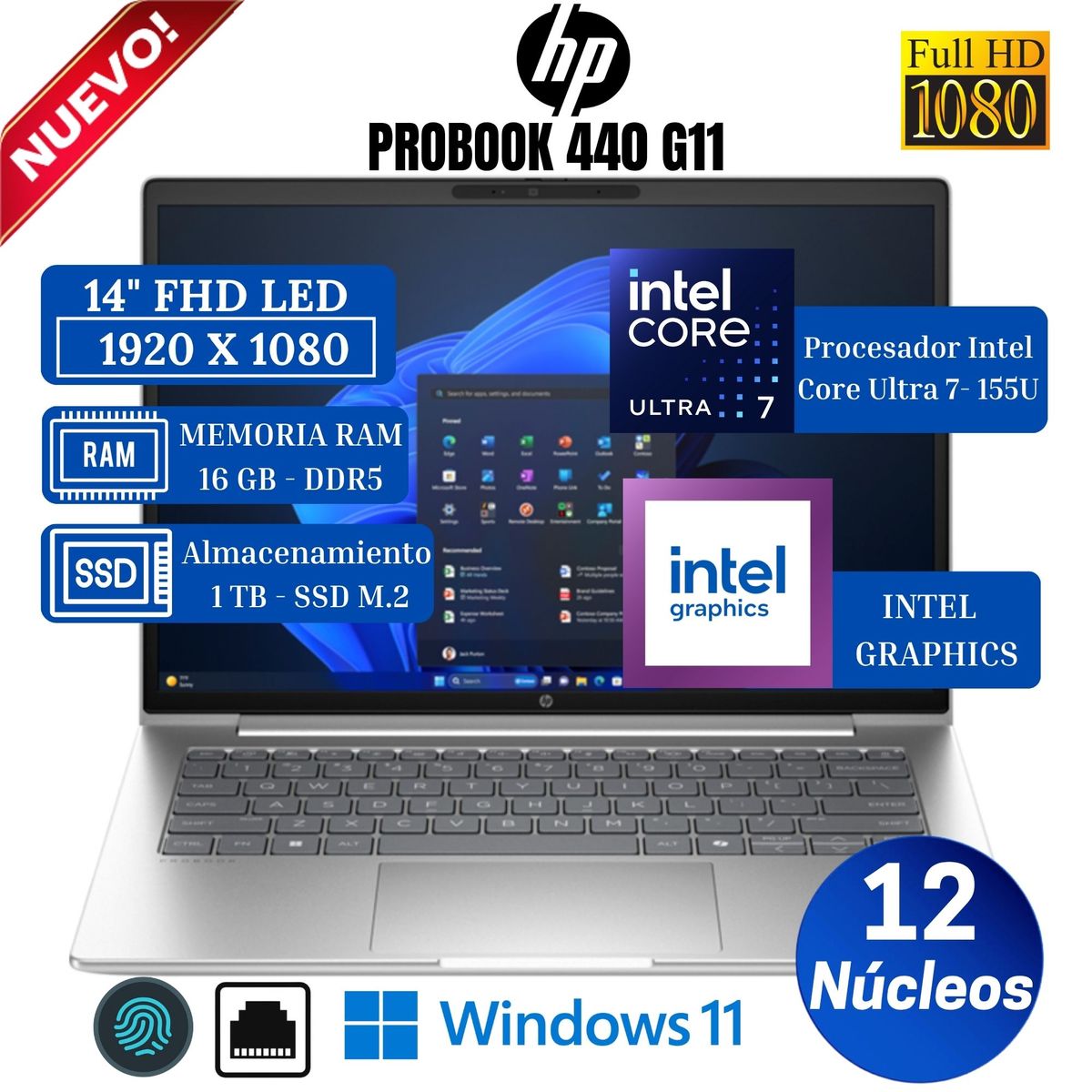 HP - Laptop HP ProBook 440 G11 14” WUXGA IPS, Intel Core Ultra 7-155U, Ram 16GB, SSD 1 TB, Win 11 Pro