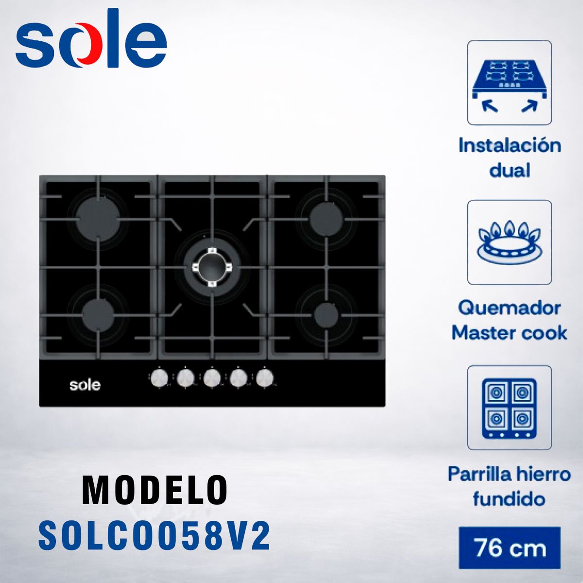 SOLE - ENCIMERA VIDRIO TEMPLADO A GAS 77CM 5H SOLE  SOLCO058V2