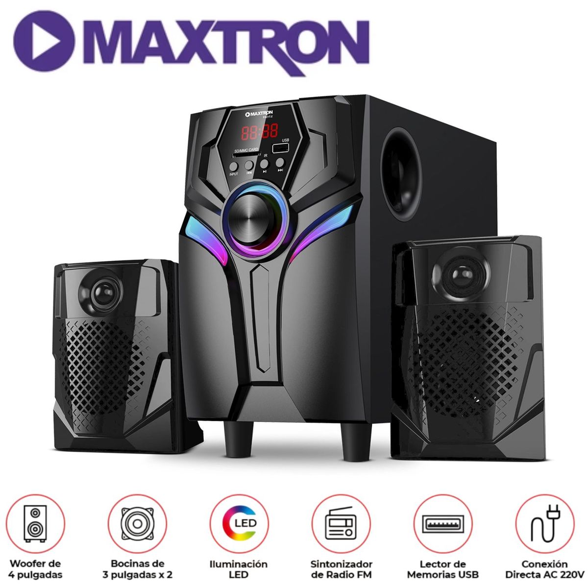 MAXTRON - Parlante 2,1 Maxtron MAX S200 Hertz USB BT AUX Iluminación LED